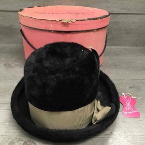 Vintage Schiaparelli Faux Fur Black Hat with Ribbon in Box & Tag